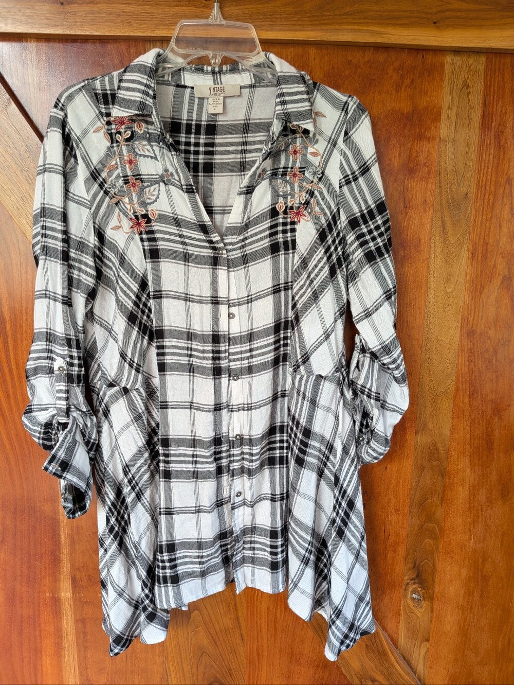 Embroidered Black & White Plaid Button-Down Shirt